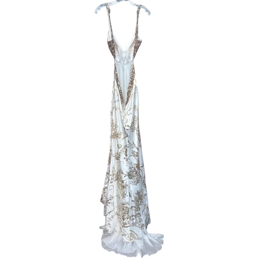 Mac Duggal Couture prom/pageant gown W/a Gold Foil Floral Print & Beaded Bodice